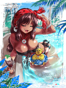 >_< 1girl bikini bird black_bikini blue_eyes blush bracelet braid breasts brown_hair cup dark-skinned_female dark_skin dated drinking_glass earrings fangs fingernails food gypsy half-closed_eyes headband highres hoop_earrings ice ice_cream ice_cream_float ice_cube innertube jewelry large_breasts long_fingernails mocha_(nekoguchi) necklace nekoguchi open_mouth original palm_leaf pool poolside red_headband shiny_skin signature swim_ring swimsuit thick_thighs thigh_strap thighs twitter_username wafer_stick water wet wet_clothes