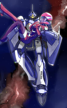 00s bodysuit carrying giant giantess helmet highres inui_(jt1116) klan_klein macross macross_frontier mecha meltrandi mikhail_buran pilot_suit princess_carry robot s.m.s. space spacesuit star_(symbol) vf-25 zentradi