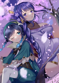 1boy 1girl behind_another black_panties blue_hair blunt_bangs blurry blurry_background blush braid breasts bridal_gauntlets capelet cherry_blossoms collared_capelet collared_shirt commentary_request couple dawn falling_petals fan_hair_ornament flower flower_ornament genshin_impact gradient_hair green_capelet green_eyes green_hat green_shorts hair_between_eyes hair_ornament hair_rings hat highres huge_breasts japanese_clothes kazepana kimono knees_up leaning_back leaning_on_person long_braid long_hair long_sleeves looking_to_the_side mole mole_under_eye multicolored_hair neck_ribbon off_shoulder one_eye_closed open_mouth outdoors panties pantyhose petals pink_petals purple_eyes purple_flower purple_hair purple_kimono purple_sky raiden_shogun red_ribbon red_sash ribbon sash shade shirt short_hair shorts side_braids single_braid sitting sky smile streaked_hair teeth thighs tree underwear venti_(genshin_impact) white_pantyhose wide_sleeves