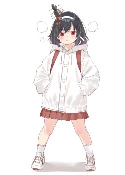 1girl absurdres adapted_costume aged_down backpack bag black_hair breath commentary_request full_body hairband hands_in_pockets headgear highres hood hooded_jacket jacket kantai_collection looking_at_viewer red_eyes red_skirt sakurai_nana_(moshichi) shoes short_hair simple_background skirt sneakers socks solo white_background white_hairband white_jacket white_shoes white_socks yamashiro_(kancolle)
