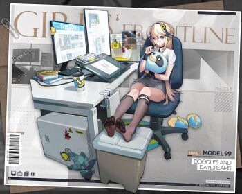 1girl artist_self-reference barcode bilibili black_hairband black_necktie black_skirt black_socks black_wrist_cuffs blonde_hair blue_eyes blue_hair book chair character_name closed_mouth commentary computer computer_keyboard computer_mouse computer_tower copyright_name crossed_out cup desk drawing_tablet earrings english_commentary feet footrest full_body girls&#039;_frontline griffin_&amp;_kryuger_logo hair_ornament hairband highres holding holding_pen hugging_doll hugging_object jewelry kneehighs legs letter_hair_ornament lightning_bolt_symbol long_hair monitor multicolored_hair multiple_monitors necktie no_shoes office_chair office_lady official_alternate_costume official_art oop paperclip pen pinstripe_pattern pinstripe_skirt plant potted_plant promotional_art rug sangvis_ferri savage_99_(doodles_and_daydreams)_(girls&#039;_frontline) savage_99_(girls&#039;_frontline) second-party_source see-through_clothes see-through_socks shin_strap shirt short_sleeves sign sitting skirt slippers socks soles solo sticker streaked_hair striped swivel_chair toes unworn_slippers vertical_monitor very_long_hair warning_sign white_shirt wrist_cuffs