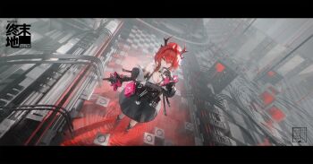 Rule 34 | 1girl, arknights, arknights: endfield, bare shoulders, black dress, black horns, breasts, chinese commentary, cleavage, closed mouth, commentary request, copyright name, demon horns, dress, gloves, hair between eyes, hair intakes, highres, horns, laevatein (arknights), large breasts, letterboxed, light smile, long hair, looking at viewer, looking up, purple eyes, red hair, solo, standing, surtr (arknights), translation request, tyhaya, wading