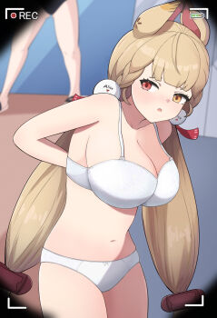 Rule 34 | 1girl, :o, alice thymefield, animal ears, arms behind back, battery indicator, blonde hair, blush, bra, breasts, commentary request, hair ornament, heterochromia, highres, large breasts, long hair, navel, oreon z, panties, rabbit ears, rabbit girl, recording, red eyes, solo focus, sphere hair ornament, thighs, twintails, underwear, underwear only, viewfinder, white bra, white panties, yellow eyes, zenless zone zero