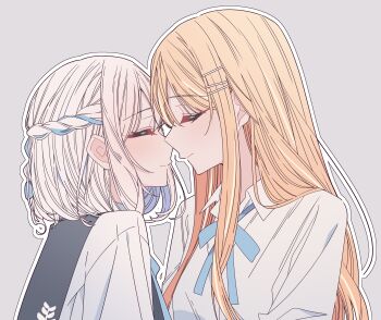 Rule 34 | 2girls, absurdres, black sailor collar, blue ribbon, braid, closed eyes, closed mouth, collared shirt, commentary request, gakuen idolmaster, grey background, hair ribbon, half up braid, highres, idolmaster, katsuragi lilja, kousaka 0v0, long hair, multiple girls, neck ribbon, noses touching, orange hair, outline, ribbon, ribbon braid, sailor collar, shirt, shiun sumika, simple background, white hair, white outline, white shirt, yuri