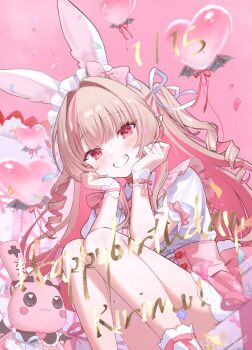 Rule 34 | 1girl, alternate costume, animal ear hairband, animal ears, balloon, brown hair, clow, colored inner hair, debitto (makaino ririmu), english text, fake animal ears, grin, hair intakes, hair ribbon, hairband, happy birthday, heart balloon, highres, long hair, looking at viewer, makaino ririmu, multicolored hair, nijisanji, pink background, pink eyes, pointy ears, puffy short sleeves, puffy sleeves, rabbit ear hairband, rabbit ears, ribbon, short sleeves, simple background, smile, solo, streaked hair, stuffed animal, stuffed rabbit, stuffed toy, two side up, virtual youtuber, white hairband, wrist cuffs