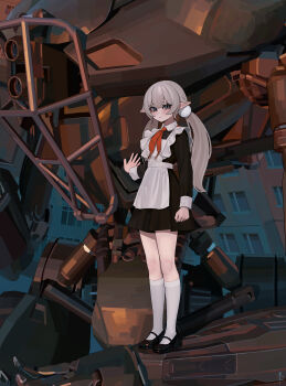 Rule 34 | 1girl, absurdres, apron, blonde hair, collared dress, dress, frilled apron, frills, grey eyes, highres, kiriyaukiyoe, laika (kiriyaukiyoe), long hair, looking at viewer, mecha, neckerchief, original, pleated dress, pointy ears, red neckerchief, robot, russian commentary, school uniform, shoes, skindentation, socks, solo, soviet school uniform, standing, twintails, very long hair, white socks