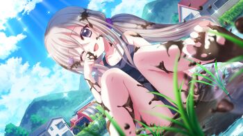 1girl alternate_hairstyle blue_one-piece_swimsuit blue_sky blurry blurry_foreground breasts cleavage cloud collarbone combine_harvester day dirty dirty_face dirty_feet dot_nose fallen_down feet film_grain game_cg grass grey_hair hair_between_eyes hair_ornament hair_scrunchie hair_up hairclip head_tilt house izumi_tsubasu lens_flare long_hair low_twintails medium_breasts mountainous_horizon mud non-web_source official_art on_ground one-piece_swimsuit one_eye_closed open_mouth outdoors purple_eyes purple_scrunchie re:stage! rice_paddy sakura_miu school_swimsuit scrunchie sitting sky smile solo sparkle sunlight swimsuit toes tree twintails very_long_hair wiping_face