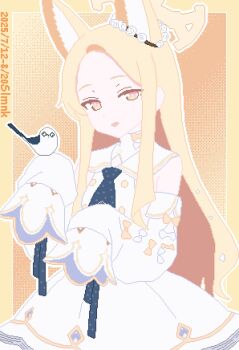 Rule 34 | 1girl, absurdres, animal, animal ear fluff, animal ears, bird, blonde hair, blue archive, border, breasts, cowboy shot, detached sleeves, dress, forehead, fox ears, fox girl, halo, hashtag-only commentary, highres, long hair, long sleeves, looking at viewer, open mouth, outside border, pixel art, seia (blue archive), sleeves past fingers, sleeves past wrists, slmnk10124, small breasts, smile, solo, white dress, yellow background, yellow border, yellow eyes, yellow halo