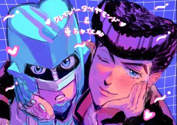 2boys black_jacket blue_background blue_eyes closed_mouth crazy_diamond diamond_wa_kudakenai hand_up head_rest higashikata_josuke highres jacket jojo_no_kimyou_na_bouken kshima_mo369 looking_at_viewer male_focus multiple_boys one_eye_closed parted_lips pompadour portrait purple_hair sketch smile stand_(jojo)