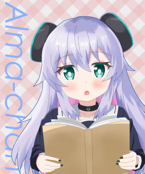 1girl :o alma-chan_wa_kazoku_ni_naritai alma_(alma-chan_wa_kazoku_ni_naritai) black_choker black_nails black_shirt blush book character_name choker collarbone double_bun green_eyes hair_between_eyes hair_bun hair_ornament highres holding holding_book long_hair long_sleeves looking_at_viewer nail_polish open_book open_mouth purple_hair reading robot_girl sailor_collar shirt simple_background solo suda_(cxsm4344) upper_body