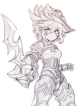 1girl absurdres armor asymmetrical_bangs belt breasts commentary commission dang_(runescape) duellist's_cap_(tier_6) english_commentary final_fantasy final_fantasy_tactics gauntlets gloves hat highres holding holding_sword holding_weapon knight leg_armor medium_breasts medium_hair monochrome old_school_runescape original parororo ponytail runescape second-party_source shoulder_armor simple_background sketch solo strap sword weapon