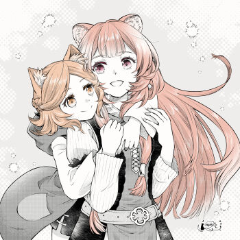 2girls :d animal_ear_fluff animal_ears belt blunt_bangs braid breasts brown_hair closed_mouth collared_dress commentary_request commission couple dog_ears dog_girl dress eyelashes floating_hair half_up_braid hands_up head_on_another's_shoulder high_collar highres hood hooded_jacket hoshino_miyuki hug hug_from_behind jacket layered_dress light_particles long_hair long_sleeves looking_at_another medium_breasts miniskirt monochrome multiple_girls open_clothes open_jacket open_mouth orange_eyes orange_hair pink_eyes pinstripe_dress pinstripe_pattern raccoon_ears raccoon_girl raised_eyebrows raphtalia shirt short_dress signature skeb_commission skirt sleeveless sleeveless_dress small_breasts smile spot_color tate_no_yuusha_no_nariagari two-tone_dress watermark wyndia_(tate_no_yuusha_no_nariagari) yuri