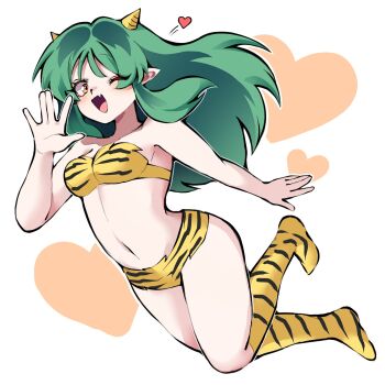 1girl animal_print anz1027 bikini boots breasts cone_horns fang full_body green_hair heart highres horns knee_boots long_hair looking_at_viewer lum navel one_eye_closed open_mouth orange_eyes pointy_ears print_bikini print_boots sidelocks solo swimsuit tiger_print urusei_yatsura