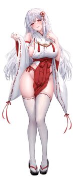 1girl bare_shoulders breasts commentary_request detached_sleeves full_body grey_hair hakama hands_up highres japanese_clothes large_breasts long_hair long_sleeves looking_at_viewer no_shoes nontraditional_miko original outdoors oyuwari parted_lips pelvic_curtain platform_heels red_eyes red_hakama red_skirt ribbon-trimmed_sleeves ribbon-trimmed_thighhighs ribbon_trim sideboob sideless_kimono simple_background skirt smile standing tabi thighhighs variant_set very_long_hair white_background white_sleeves white_thighhighs wide_sleeves