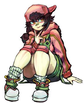 Rule 34 | 1girl, absurdres, animal print, backwards hat, bandaid, bandaid on face, bandaid on nose, baseball cap, bethy, black hair, blush, breasts, bright pupils, brown eyes, closed mouth, commentary, english commentary, frog print, gift art, green overalls, green shoes, green suspenders, hair between eyes, hand up, hat, highres, hood, hood down, hoodie, indie virtual youtuber, knee pads, knees up, large breasts, lips, long sleeves, looking at viewer, medium hair, multicolored shoes, overalls, pink hat, pink hoodie, pink shoes, shoes, sidelocks, simple background, sitting, smile, socks, solo, stevennosov, thighs, tomboy, twintails, v, virtual youtuber, white background, white pupils, white shoes, white socks