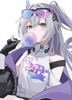 Rule 34 | 1girl, 961 kuru, absurdres, bare shoulders, belt, black gloves, blowing bubble gum, chewing gum, commentary request, drill hair, drill ponytail, eyewear on head, gloves, goggles, grabbing own hair, gradient-tinted eyewear, gradient hair, grey eyes, grey hair, hair between eyes, hair ornament, highres, holding, holding own hair, honkai: star rail, honkai (series), jacket, long hair, looking at viewer, multicolored hair, off shoulder, open clothes, open jacket, ponytail, print shirt, purple-tinted eyewear, shirt, sidelocks, silver wolf (elation) (honkai: star rail), silver wolf (honkai: star rail), simple background, single drill, solo, strap, tinted eyewear, turtleneck, twitter username, white background, white belt, white shirt