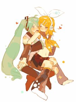 2girls ahoge aqua_eyes aqua_hair aqua_necktie bare_shoulders black_shorts blonde_hair bow grabbing_another's_breast grey_shirt groping hair_bow hair_ornament hairclip hatsune_miku headphones headset heart kagamine_rin leg_warmers long_hair multiple_girls navel neckerchief necktie open_mouth shirt short_hair shorts simple_background sitting sitting_on_lap sitting_on_person treble_clef twintails very_long_hair vocaloid white_background white_bow xewitbrd yellow_neckerchief yellow_trim yuri