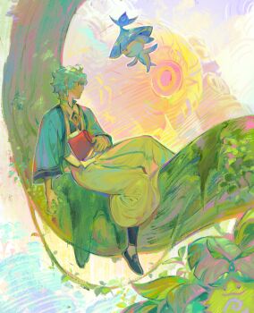 1boy aged_down ahoge akademiya_uniform aranara_(genshin_impact) black_shoes blue_hair book branch closed_mouth commentary day dottore_(genshin_impact) earrings english_commentary expressionless genshin_impact gold_trim green_jacket highres holding holding_book in_tree jacket jewelry leaf long_sleeves looking_to_the_side male_focus moss open_book open_clothes open_jacket outdoors parted_bangs plant red_eyes reneelric robe robot ruin_golem_(genshin_impact) shoes short_hair sitting sitting_in_tree solo tree vines white_robe