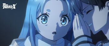 1boy 1girl :o anime_screenshot black_hair blue_eyes blue_hair child chinese_commentary close-up closed_eyes commentary_request copyright_logo covering_own_face dark grin hand_up highres logo looking_at_viewer lucky_cyan_(to_be_hero_x) luo_(to_be_hero_x) night official_art portrait shirt sidelocks smile to_be_hero to_be_hero_x white_shirt