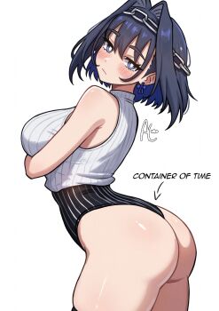 1girl :/ absurdres alissashogun alternate_costume arched_back arm_under_breasts arrow_(symbol) ass ass_focus black_hair blue_eyes blue_hair blush bow bow_earrings breasts bright_pupils chain chain_headband closed_mouth colored_inner_hair commentary cowboy_shot earrings english_commentary english_text evil_container_(meme) from_side hair_between_eyes hair_intakes highres hololive hololive_english jewelry large_breasts looking_at_viewer meme multicolored_hair ouro_kronii pinstripe_pattern ribbed_shirt shiny_skin shirt short_hair simple_background sleeveless sleeveless_shirt solo standing two-tone_hair virtual_youtuber white_background white_pupils white_shirt