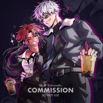 +++ 1boy 1girl belt belt_buckle black_belt black_jacket black_pants black_shirt blue_eyes breasts bubble_tea buckle character_request cloumello collared_shirt colored_eyelashes commentary commission copyright_request cowboy_shot cup disposable_cup drinking_straw english_commentary facial_mark grey_jacket grin hand_on_another&#039;s_waist highres holding holding_cup jacket long_hair long_sleeves looking_at_another one_eye_closed open_clothes open_jacket pants parted_bangs purple_background red_eyes red_hair shirt short_hair small_breasts smile sparkle sunglasses vgen_commission watermark white_eyelashes white_hair white_shirt