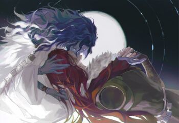 2girls agong amputee blue_skin cape cloak closed_eyes colored_skin cracked_skin doll_joints elden_ring extra_arms fromsoftware fur_cape fur_cloak highres holding_hands incest injury joints kiss long_hair lying malenia_blade_of_miquella moon multiple_girls namco on_back prosthesis ranni_the_witch red_hair scar siblings sisters triple_amputee yuri