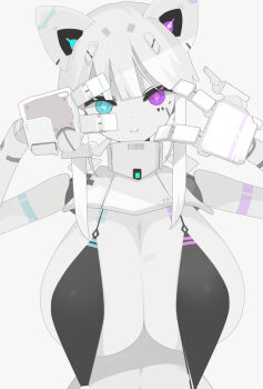 android animal_ears arms_up barcode bikini black_bikini blue_eyes breasts cat_ears commentary_request facial_mark fake_animal_ears hair_ornament hands_on_own_face heterochromia highres huge_breasts long_bangs mecha_musume mechanical_arms mechanical_ears mechanical_hands nanatsuki_sousuke original pale_skin purple_eyes short_hair simple_background smile swimsuit white_background