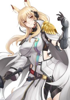 1girl absurdres animal_ear_fluff animal_ears arknights armor black_gloves blonde_hair breasts bright_pupils cape character_name closed_mouth commentary cowboy_shot dated dress english_commentary gloves hair_between_eyes hand_up highres holding large_breasts light_smile long_hair looking_at_viewer microphone nearl_(arknights) nearl_the_radiant_knight_(arknights) orange_eyes paid_reward_available punnosalt shoulder_guard simple_background solo standing turtleneck vambraces white_background white_cape white_dress white_pupils