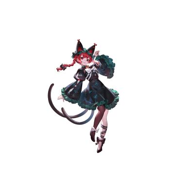 1girl adapted_costume animal_ears bell black_bow black_shoes bow bowtie braid brown_pantyhose cat_ears dress extra_ears full_body game_cg green_dress hair_bow highres jingle_bell kaenbyou_rin long_sleeves looking_at_viewer multiple_tails neck_bell nekomata non-web_source official_art pantyhose red_eyes red_hair second-party_source shoes single_leg_pantyhose smile solo tail touhou touhou_gensou_eclipse transparent_background twin_braids two_tails u_u_zan white_bow white_bowtie wide_sleeves