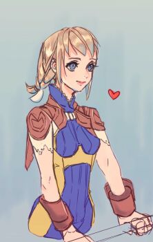 Rule 34 | 1girl, blonde hair, blue bodysuit, blue eyes, bodysuit, braid, closed mouth, commentary request, final fantasy, final fantasy xii, highres, penelo, short hair, siotomato, smile, solo, twin braids, twintails