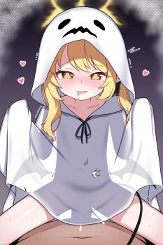 1boy 1girl absurdres black_ribbon black_tail black_wings blonde_hair blue_archive blush commentary covered_penetration cowgirl_position cum cum_in_pussy cum_overflow demon_girl demon_tail demon_wings distorted_halo drooling ghost_costume girl_on_top hair_ribbon halloween halloween_costume halo heart heart-shaped_pupils hetero highres hood hood_up ibuki_(blue_archive) loli looking_at_viewer mouth_drool nose_blush open_mouth pointy_ears pov pov_crotch revision ribbon sex solo_focus straddling symbol-shaped_pupils tail tearing_up tears vaginal wings yellow_eyes yellow_halo zing_(z_z_zing)