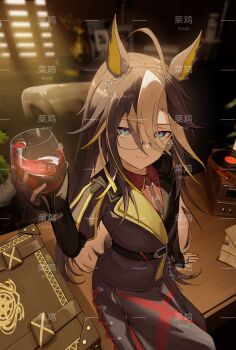 1girl ahoge animal_ears belt black_belt black_coat blue_eyes book book_stack brown_hair cai_ji_(user_jmrv4342) closed_mouth coat collared_shirt commentary_request cost cup dream_journey_(umamusume) drinking_glass ear_ornament eyewear_strap gloves hair_between_eyes highres holding holding_cup horse_ears horse_girl horse_tail indoors jewelry long_hair looking_at_viewer multicolored_hair multiple_rings phonograph red_nails red_shirt rimless_eyewear ring shirt single_glove sitting sitting_on_table sleeves_past_wrists smile solo streaked_hair tail umamusume very_long_hair watermark white_hair window window_blinds wine_glass wooden_desk