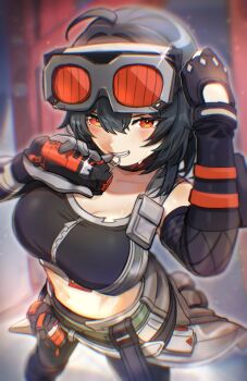 Rule 34 | 1girl, ahoge, bare shoulders, black choker, black gloves, black hair, black pants, breasts, choker, cleavage, crop top, explosive, gloves, goggles, goggles on head, grace howard, grenade, grenade pin in mouth, hair between eyes, holding, holding grenade, large breasts, looking at viewer, martypcsr, pants, smile, solo, sports bra, zenless zone zero