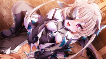 1boy 1girl abs assertive_female blush breasts breasts_out censored clothing_aside colored_skin cowgirl_position cum cum_in_pussy dark_exs-tia_cocytus dark_persona eyepatch game_cg girl_on_top gloves guided_penetration hetero kamitsurugi_ouka kouyoku_senki_exs-tia_concert large_variant_set leotard leotard_aside long_hair mosaic_censoring nipples non-web_source official_art open_mouth pale_skin penis purple_eyes pussy sex small_breasts smile solo_focus squatting_cowgirl_position straddling sugahara_touka thighhighs twintails vaginal variant_set