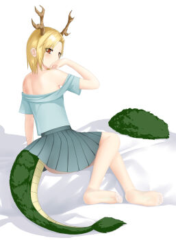 1girl antlers bare_back bare_shoulders blonde_hair blue_shirt blue_skirt blush doge_(jkdoge) dragon_girl dragon_horns dragon_tail feet from_behind full_body fur-tipped_tail green_scales green_tail highres horns kicchou_yachie looking_at_viewer looking_back monster_girl pleated_skirt red_eyes scales shirt short_hair simple_background skirt soles solo tail thighhighs toes touhou turtle_shell yellow_horns