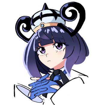 1girl absurdres black_hair blue_gloves blunt_bangs closed_mouth commentary eyelashes gloves gradient_hair gwynn_(pokemon) hat highres interlocked_fingers light_frown long_sleeves looking_at_viewer marker_(artzalea_) multicolored_hair nintendo own_hands_together pokemon pokemon_legends:_z-a purple_eyes purple_hair short_hair solo upper_body