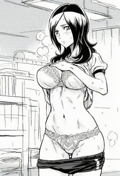 1girl alternate_breast_size_(larger) aquaberrymarine black_hair blush bra breasts clothes_lift clothes_pull commentary_request cowboy_shot fresh_precure! gluteal_fold gym_uniform higashi_setsuna highres large_breasts long_hair looking_at_viewer monochrome navel nervous panties precure shirt shirt_lift short_sleeves shorts shorts_pull solo steam stomach sweat t-shirt thighs underwear