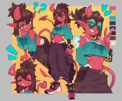 Rule 34 | 1girl, ?, brown hair, colored skin, crop top, demon girl, freefgp, glasses, horns, multiple views, one eye closed, standing, tail, v, wrist cuffs