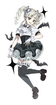 1girl aikatsu! aikatsu!_(series) ascot bat_(animal) black_shoes black_thighhighs blunt_bangs collared_shirt corset drill_hair fingerless_gloves frilled_thighhighs frills full_body ginjiro_(ginjiroxx) gloves green_eyes green_skirt highres idol_clothes loafers long_hair looking_at_viewer petticoat puffy_short_sleeves puffy_sleeves shirt shoes short_sleeves simple_background skirt smile solo sparkle thighhighs todo_yurika twin_drills twintails white_ascot white_background white_gloves white_shirt