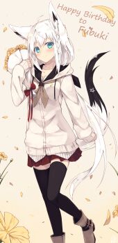 Rule 34 | 1girl, animal ears, aqua eyes, black thighhighs, blush, boots, bouquet, braid, brown boots, cardigan, character name, closed mouth, english text, flower, foot out of frame, fox ears, fox tail, green eyes, hair between eyes, happy birthday, head tilt, highres, hololive, hood, hood down, hooded cardigan, hoodie, long hair, long sleeves, miniskirt, nagishiro mito, official alternate costume, pleated skirt, red skirt, shirakami fubuki, side braid, single braid, skirt, sleeves past wrists, smile, standing, standing on one leg, tail, thighhighs, very long hair, virtual youtuber, white hair, white hoodie, yellow flower, zettai ryouiki