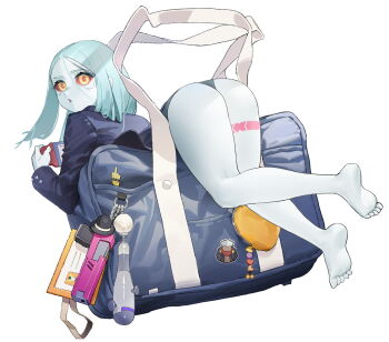 1girl aqua_hair artificial_eye bag bag_charm barefoot blue_cardigan cardigan charm_(object) colored_sclera colored_skin commentary_request cyberpunk_(series) cyberpunk:_edgerunners female_focus full_body gua61 gun handgun handheld_game_console highres holding holding_handheld_game_console id_card leg_tattoo loli long_hair looking_at_viewer maine_(cyberpunk) mechanical_eye mechanical_hands middle_finger mini_person minigirl no_pants open_mouth petite rebecca_(cyberpunk) red_pupils red_sclera school_bag school_uniform single_mechanical_hand solo straight_hair tattoo weapon white_background white_skin yellow_eyes