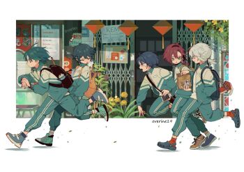 5boys alternate_costume anger_vein apple apple_core backpack bag bead_bracelet beads black_hair blue_hair bottle bowl bracelet braid closed_eyes commentary crocs english_commentary flower food from_side fruit genshin_impact green_eyes green_hair hair_between_eyes hand_in_pocket holding holding_bag instrument jacket jewelry kaedehara_kazuha long_sleeves male_focus multiple_boys open_clothes open_jacket open_mouth overine19 pants ponytail red_eyes red_hair running scaramouche_(genshin_impact) shikanoin_heizou shirt shoes sign sneakers throwing tongue tongue_out track_jacket track_pants twin_braids venti_(genshin_impact) white_hair xiao_(genshin_impact) yellow_flower