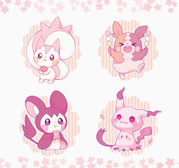 Rule 34 | > <, alternate color, berry (pokemon), cherry blossoms, commentary, dango, eating, emolga, flower, food, gen 4 pokemon, gen 5 pokemon, gen 7 pokemon, gen 8 pokemon, highres, holding, inomo (qimoshu), mimikyu, morpeko, morpeko (full), nintendo, no humans, open mouth, pachirisu, pecha berry, petals, pink theme, pokemon, pokemon (creature), shiny pokemon, smile, standing, symbol-only commentary, wagashi