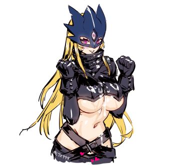 1girl beelstarmon belt black_belt black_coat black_gloves black_pants black_vest blonde_hair blue_mask blush breasts clenched_hands coat commentary_request cowboy_shot cropped_vest cum cum_on_body cum_on_breasts cum_on_clothes cum_on_upper_body digimon digimon_(creature) eye_mask gloves groin guang_li_zi hair_between_eyes heart heart-shaped_pupils highres large_breasts large_variant_set leather leather_pants long_hair looking_at_viewer mask navel pants parted_lips purple_eyes sidelocks simple_background smile standing steam stomach sweat symbol-shaped_pupils third_eye tight_clothes tight_pants twitter_username underboob variant_set vest white_background
