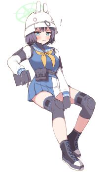 ! 1girl absurdres animal_ears belt between_legs black_belt black_gloves black_hair blue_archive blue_eyes blue_serafuku blush bob_cut book boots breasts combat_helmet commentary_request fake_animal_ears full_body gloves green_halo halo hand_between_legs helmet highres holding holding_book invisible_chair knee_pads lace-up_boots large_breasts looking_at_viewer neckerchief pink_belt pleated_skirt raglan_sleeves saki_(blue_archive) school_uniform serafuku short_hair simple_background sitting skirt solo tactical_school_uniform tiemu_(man190) turtleneck undersized_clothes white_background white_helmet yellow_neckerchief