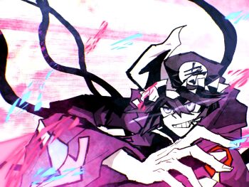 1other androgynous arrow_print black_shirt cable chinese_commentary collared_shirt commentary_request fighting_stance fingernails frilled_headwear glowing glowing_eyes grin hair_between_eyes hand_on_own_arm hat hood hood_down hooded_jacket jacket leaning_forward len'en long_sleeves looking_ahead magic mob_cap open_clothes open_jacket other_focus outstretched_arm pink_background pointy_nose print_jacket purple_eyes purple_hair purple_hat purple_jacket shi_tong shirt shitodo_kuroji short_hair smile smug solo triangular_headpiece two-tone_background upper_body white_background wide_sleeves