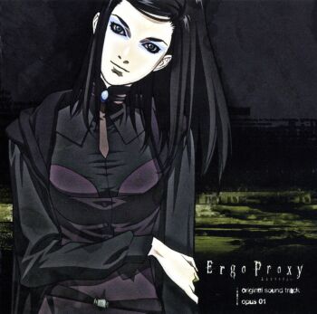 00s 1girl album_cover black_hair blue_eyes cover ergo_proxy eyeshadow female_focus highres long_coat long_hair makeup murase_shuko onda_naoyuki re-l_mayer solo