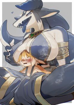 1boy 1girl age_difference animal_ears armlet between_breasts blonde_hair blue_tongue blush border breasts colored_skin colored_tongue dragon_girl dragon_horns dragon_tail fang fox_boy fox_ears furry furry_female furry_male furry_with_furry grabbing_own_breast grey_background grey_skin hair_between_eyes head_between_breasts heart hetero highres horns huge_breasts indian_style jewelry lehner_(pontarowo) looking_down looking_up multicolored_skin nervous on_lap onee-shota open_mouth original outside_border pontarowo sharp_teeth sitting size_difference skin_fang steaming_body sweat tail teeth tongue tongue_out white_border white_hair white_skin