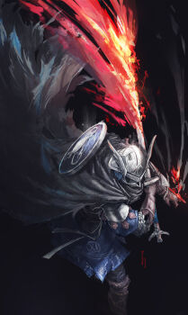 1boy absurdres armor black_background black_cloak blue_surcoat character_name cloak dynamic_pose elden_ring elden_ring_nightreign fire flaming_sword flaming_weapon franlol greatsword helmet highres scale_armor shield shield_on_back signature solo sword weapon winged_helmet wylder_(elden_ring)