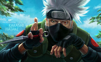 1boy black_eyes black_gloves character_name cloud cloudy_sky commentary covered_mouth english_commentary fingerless_gloves flak_jacket forehead_protector gloves green_jacket hatake_kakashi highres holding holding_weapon jacket keja_blank konohagakure_symbol kunai long_sleeves looking_at_viewer male_focus mask mouth_mask multicolored_eyes naruto_(classic) naruto_(series) ninja ninja_mask outdoors realistic red_eyes scar scar_across_eye scar_on_face sharing sharingan short_hair signature sky sleeveless sleeveless_jacket solo spiked_hair two-tone_eyes uzumaki_symbol watermark weapon web_address white_hair